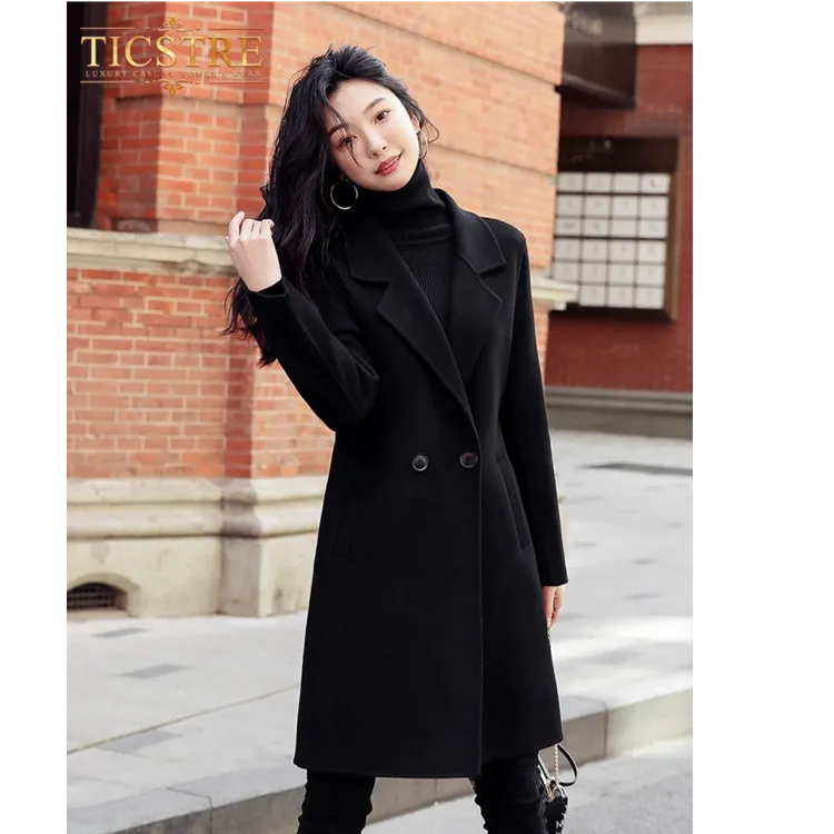 TICSTRE黑色双面羊绒大衣女2025年高端修身羊毛小个子毛呢外套
