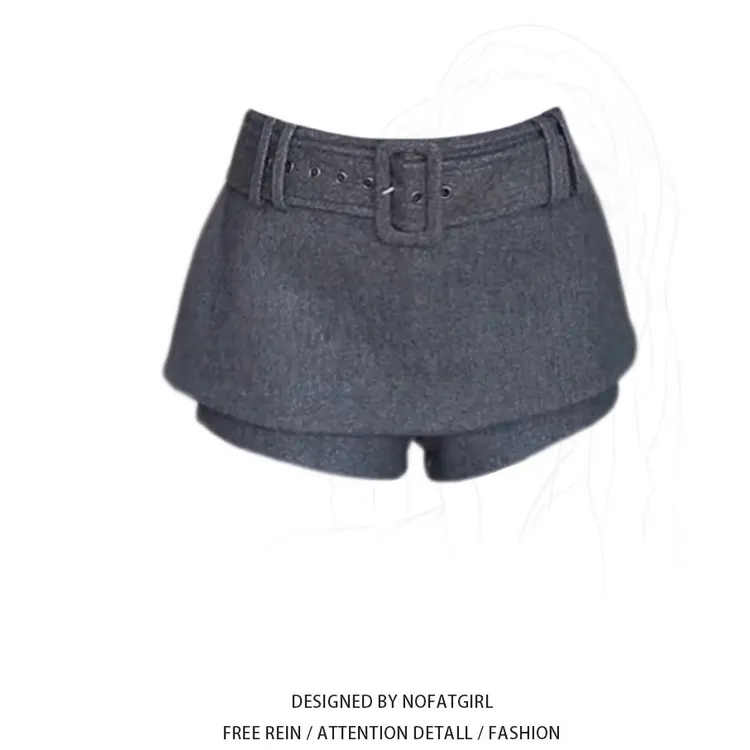 【现货】灰色高腰毛呢半身裙女秋季2025新款胖mm修身显瘦短裤裙子