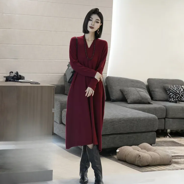 POPULARYW【蔷薇梦境】Z·R上品屋  简约休闲长袖纯色V领显瘦连衣裙