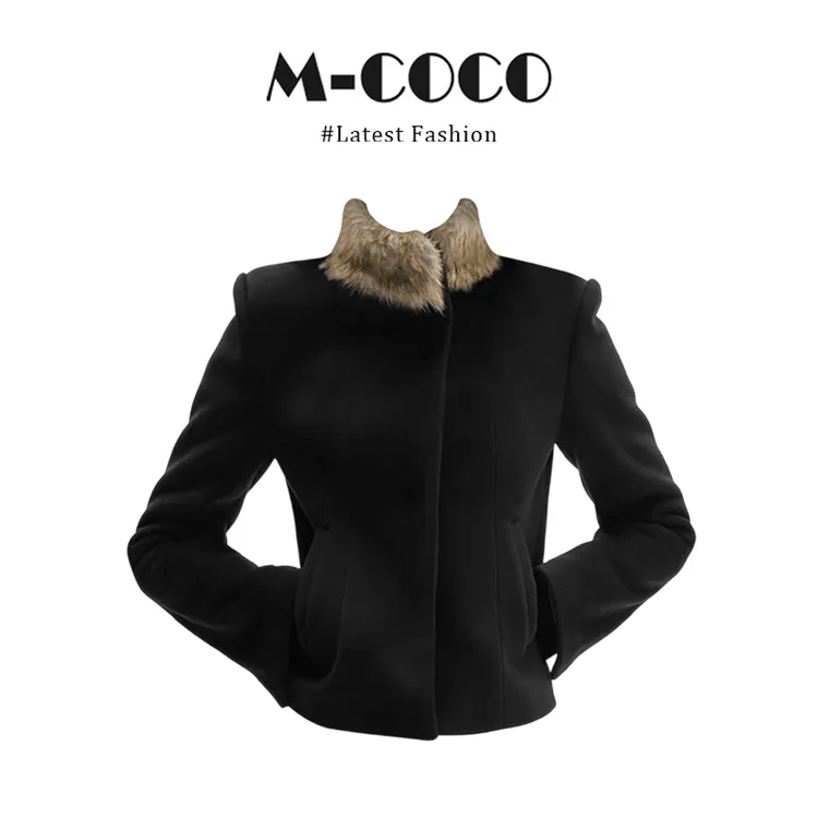 INS CEC廓形垫肩短款可拆卸毛领毛呢外套冬季高街时髦超绝版型