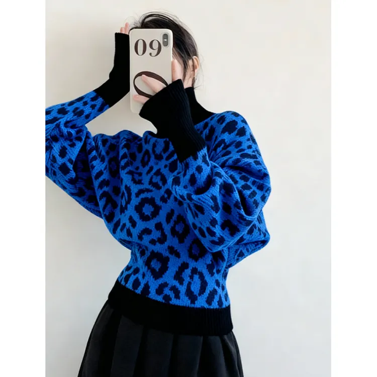 巨好看的蓝色豹纹撞色高领毛衣秋冬宽松慵懒高级感套头针织衫上衣