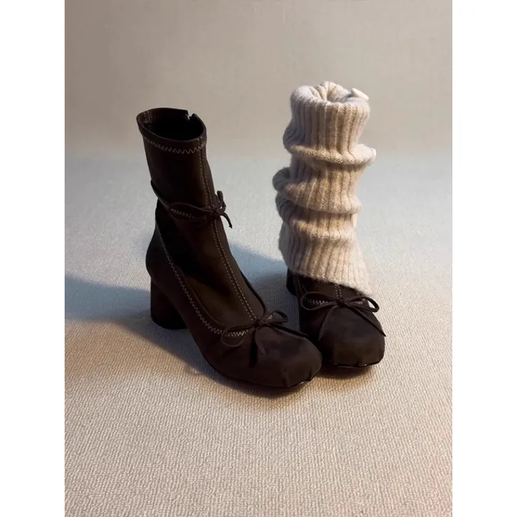 牛皮版~新款百搭粗跟侧拉链短靴复古温柔圆头芭蕾风蝴蝶结瘦瘦靴