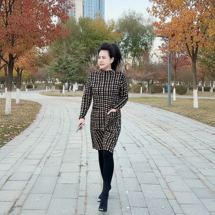 730遮肚大码新款中老年裙针织格子打底秋冬连衣裙过膝宽松半高领