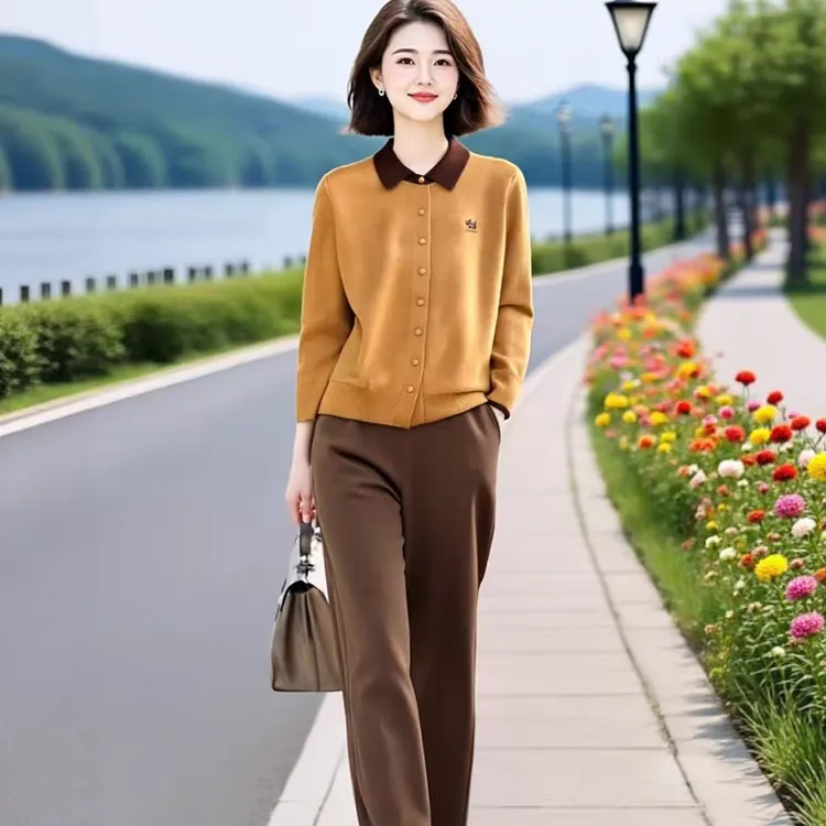 2025年新款设计感减龄洋气撞色薄款翻领针织衫+直筒裤两件套秋