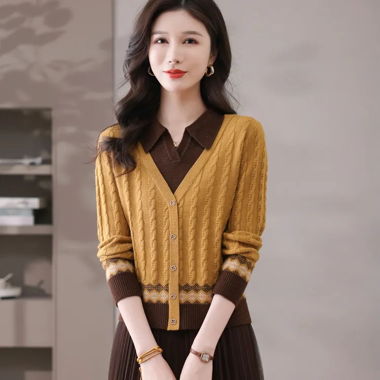 短款翻领毛衣套头长袖百搭洋气温柔知性宽松假两件中年女装直播