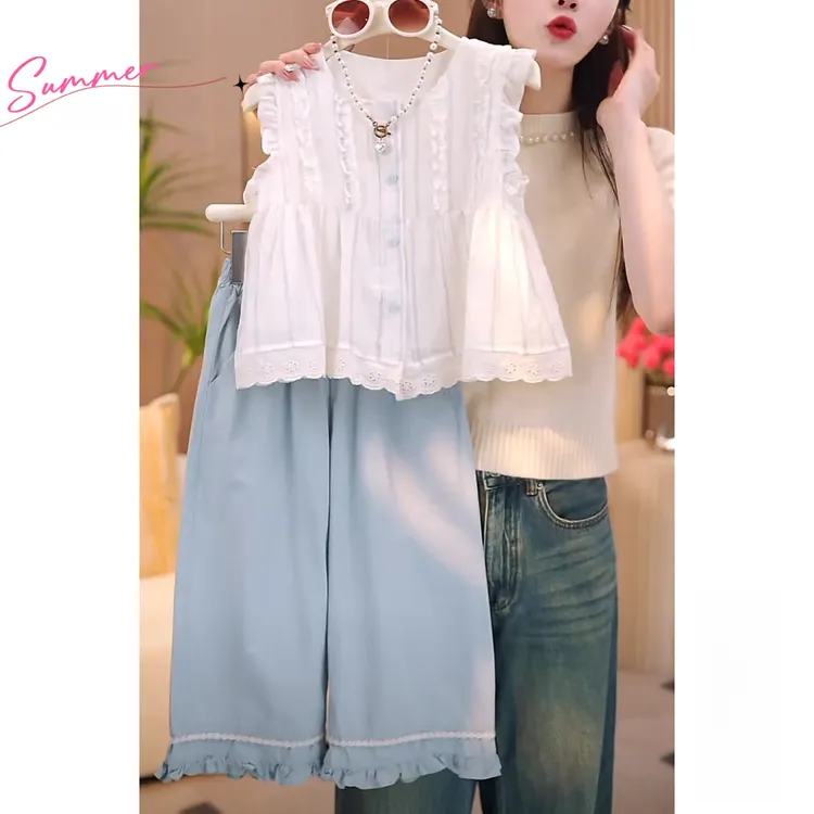 女童无袖衫九分裤套装2025新款花边娃娃衫防蚊阔腿裤甜美两件套夏