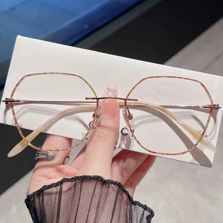 纯钛无框切边镶边近视眼镜大镜片眼镜超轻近视多边形防蓝光纸鸢