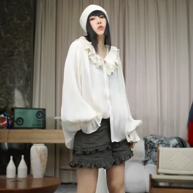 infobyfive2025秋冬长袖蕾丝花苞领花苞袖宫廷衬衫一店NF0508004