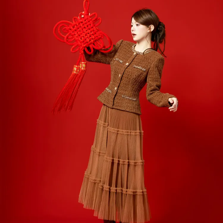 ON&ON/安乃安秋冬粗花呢编织小香网纱拼接加绒连衣裙NNAU1646785