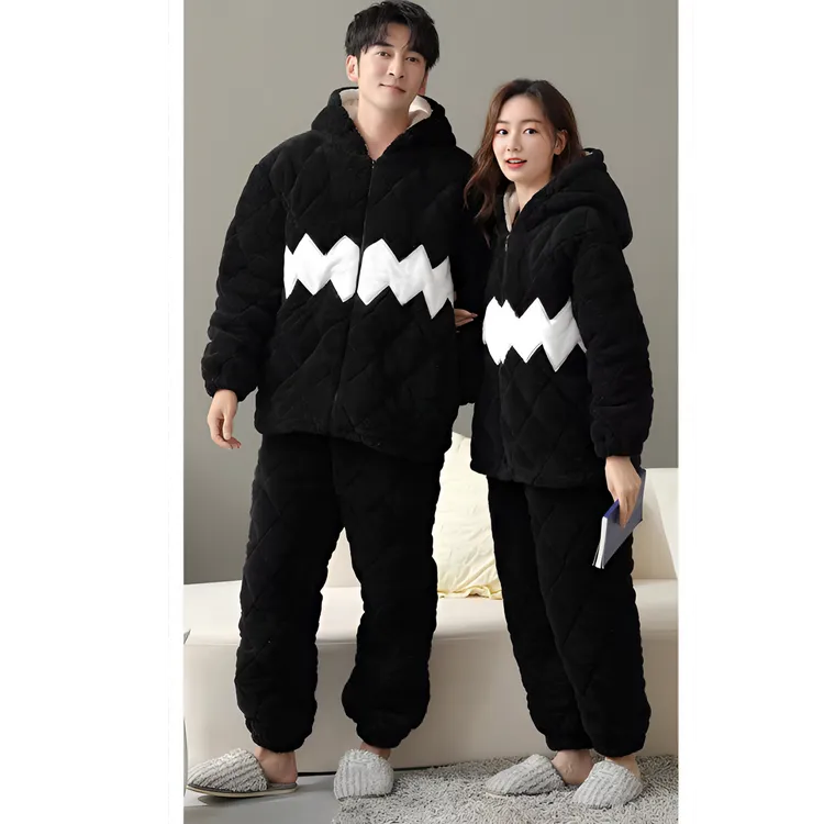 （高品质加厚款）男女同款秋冬季三层夹棉加厚连帽可外穿保暖套装