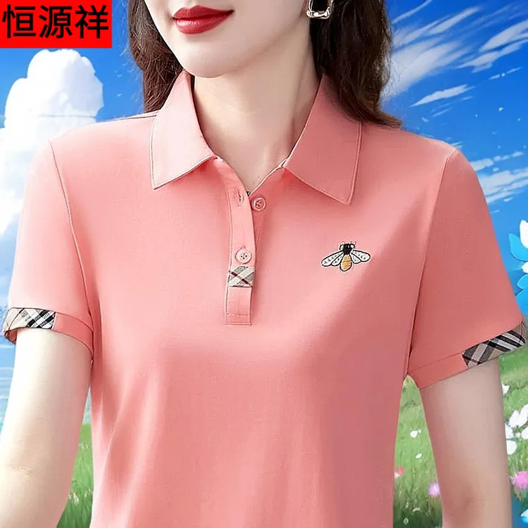 恒源祥彩羊短袖t恤女夏装中年妈妈装polo衫洋气简约宽松百搭上衣