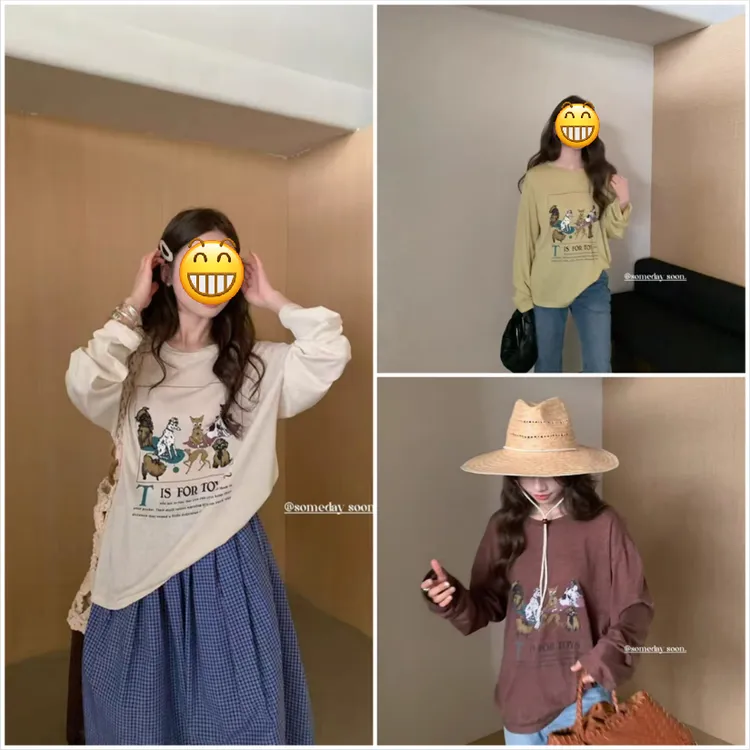 2025早秋新款麻感棉韩系小狗印花T恤日常休闲宽松圆领打底8586