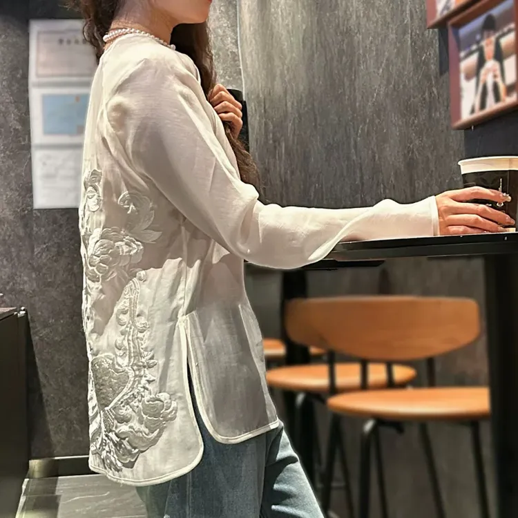 微透新中式国风圆领丝棉后背刺绣宽松开叉衬衣复古打底衫上衣内搭
