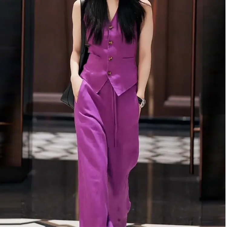 开春韩系穿搭一整套干练气质轻奢高级感独特漂亮紫色亚麻马甲套装