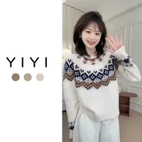 【YiYi】韩系厚款复古风撞色费尔岛全羊毛套头羊毛衫