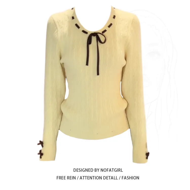 大码胖MM甜美蝴蝶结针织衫女秋冬季长袖圆领套头修身显瘦黄色毛衣