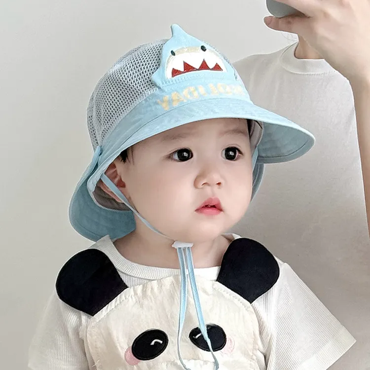 宝宝帽子夏季遮阳帽男女童渔夫帽婴儿大檐网眼披肩太阳户外薄