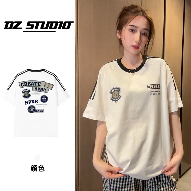 【纯棉】百搭宽松男女同款港风三条杠短袖t恤韩版休闲上衣圆领大衣