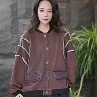JJ秋季中厚立领厚款轻职风女短外套复古休闲撞色短款长袖宽松韩版