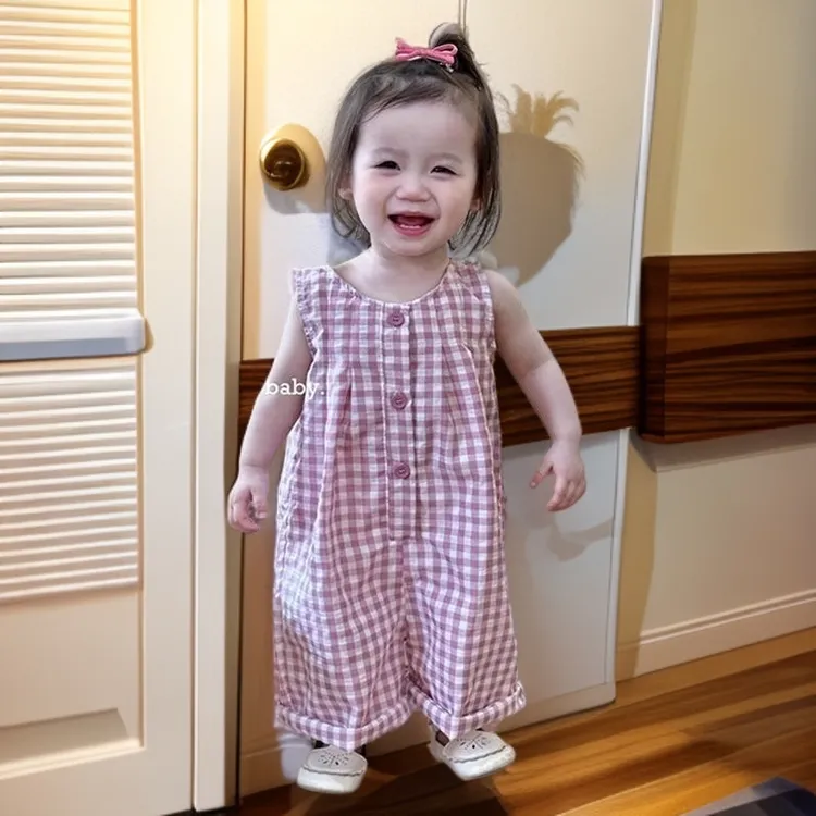 女童夏装宝宝超萌连体衣格子爬服韩版无袖婴儿夏季背带裤日韩童装