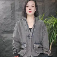 FF短外套厚款拼接插肩袖耐磨复古薄款女文艺外套水洗休闲百搭