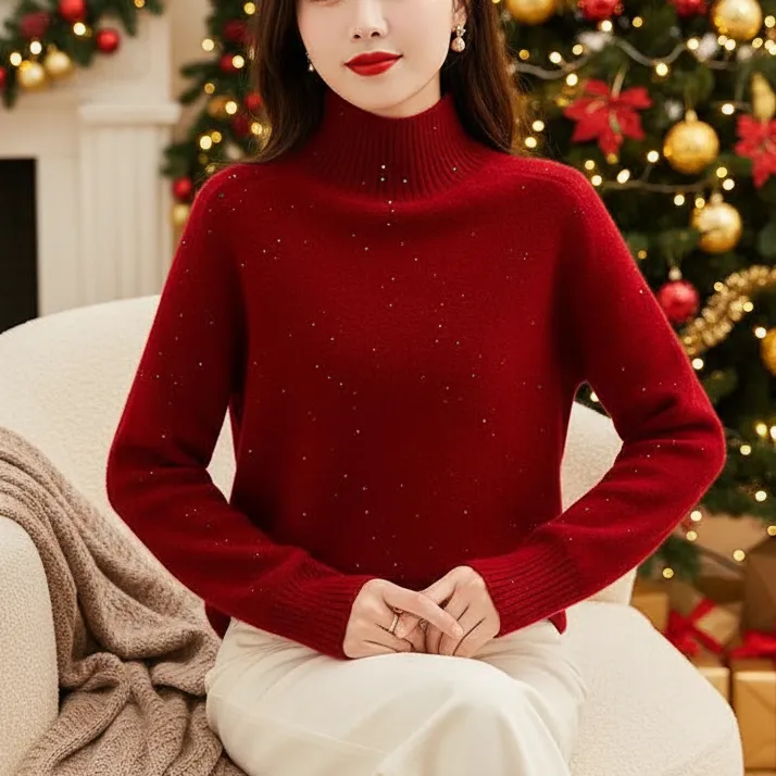 红色圣诞新年装内搭女冬季混纺璀璨亮丝软糯针织衫半高领打底上衣