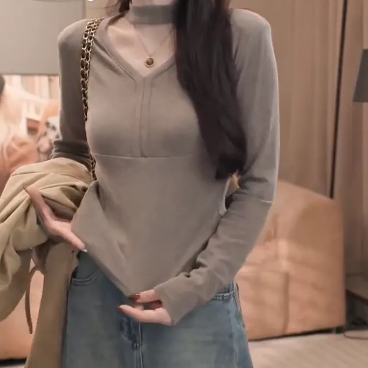 挂脖V领长袖百搭显瘦时尚insT恤女2025秋季新款设计感气质修身