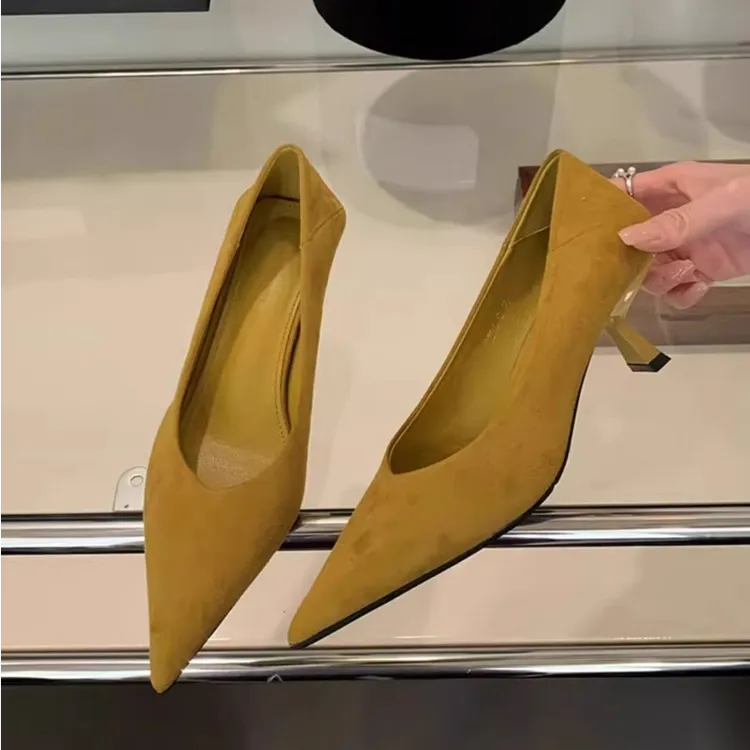 单鞋女2025春秋新款百搭通勤中跟浅口小猫跟鞋法式尖头细跟低跟鞋