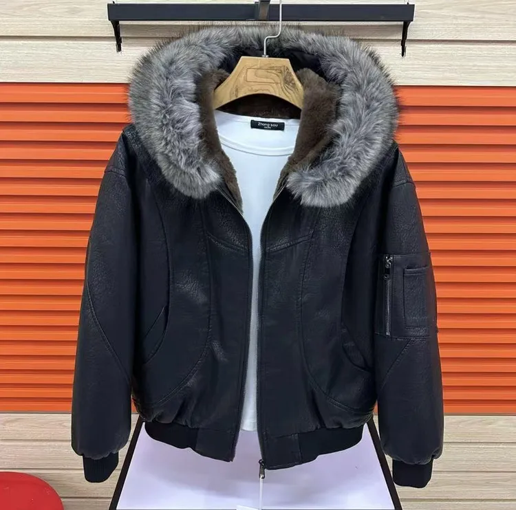 新款高端男士连帽休闲加绒皮衣夹克外套男