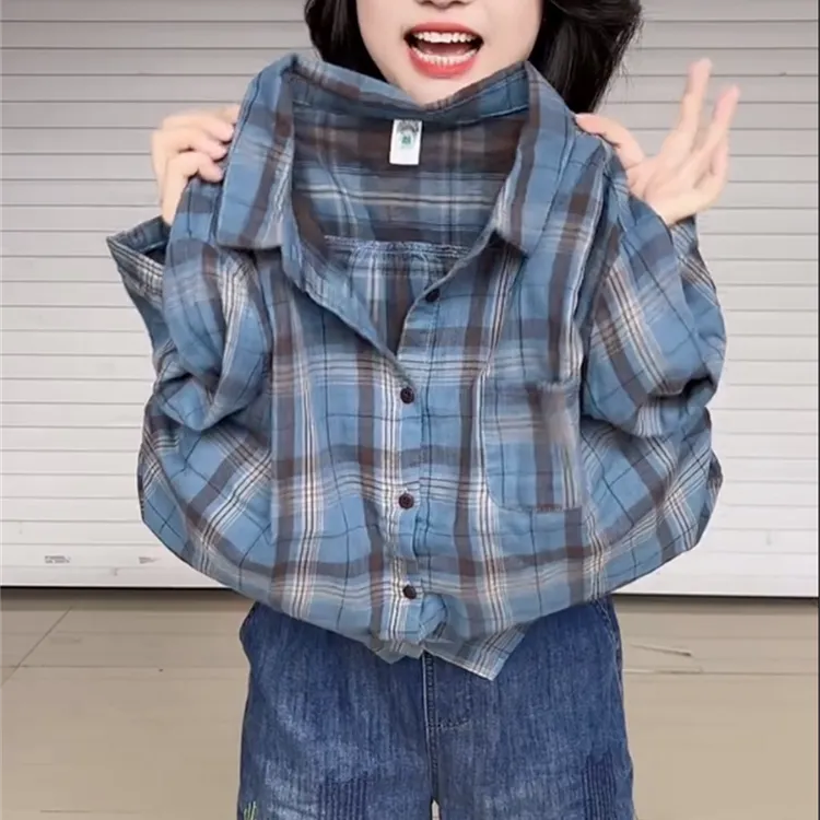 2025夏季新款时尚翻领格子衬衫女五分袖宽松显瘦百搭休闲薄款上衣