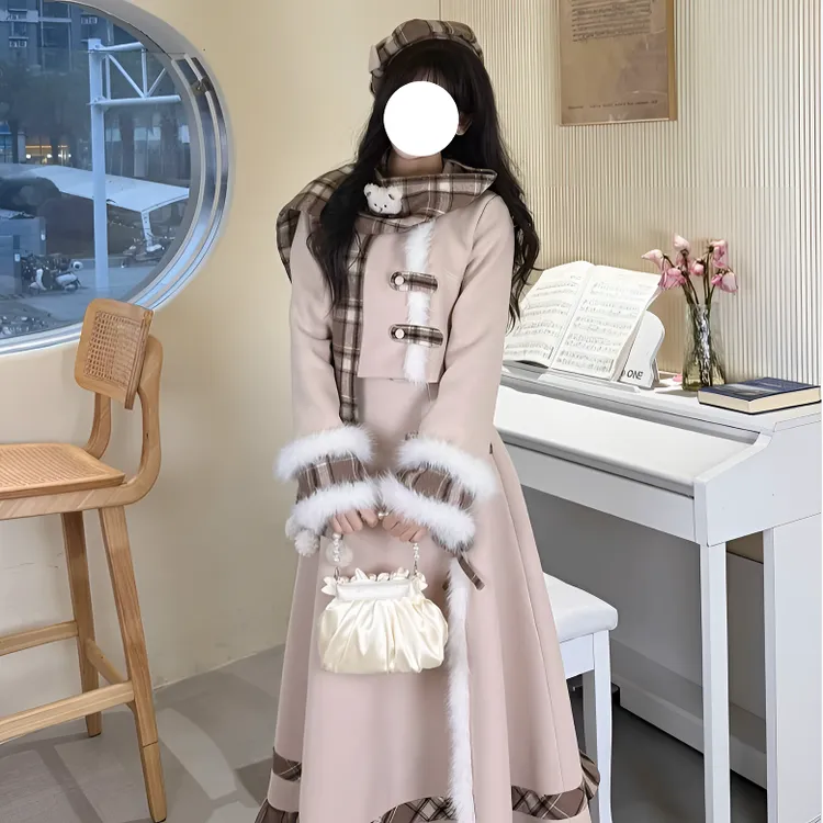 【源头厂家】焦糖小熊氛围感甜美格子拼接毛呢围巾外套长裙