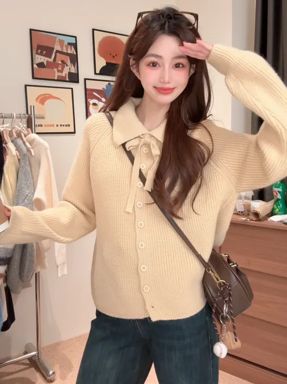 系带小方领针织开衫外套女秋冬新款2025