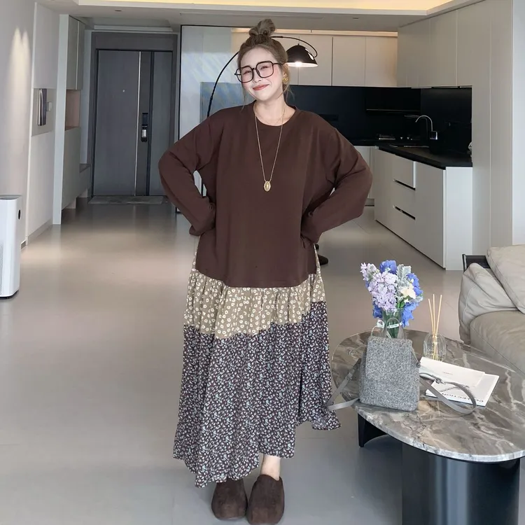 媛子大码碎花拼接复古连衣裙小众美拉德穿搭高级感时尚休闲长裙