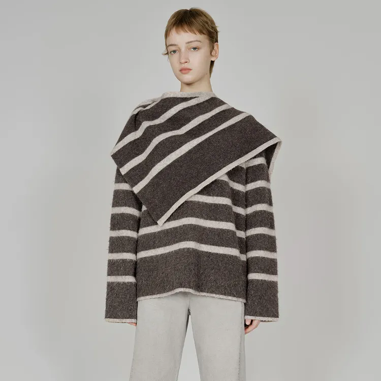 YOEYYOU 不对称慵懒风披肩式条纹毛衫25冬设计师 YKAW520414