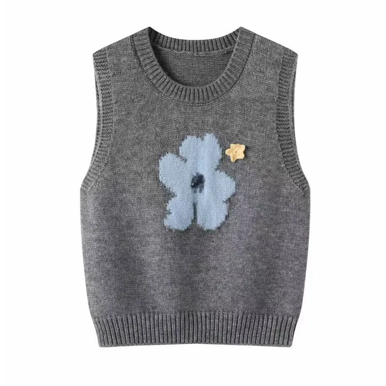 早秋小清新文艺感雏菊花朵提花刺绣无袖马甲叠穿百搭显瘦舒适毛衣