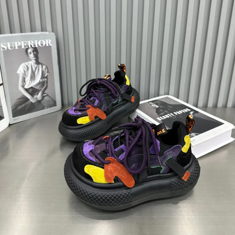 2025冬季新款撞色拼接轮胎厚底面包鞋女鞋休闲运动鞋百搭老爹鞋潮