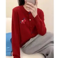 马上来财韩系刺绣圆领彩色包扣针织开衫慵懒风韩系针织衫秋冬毛衣