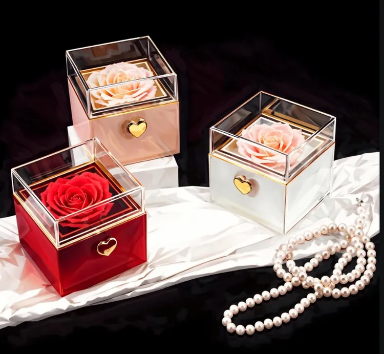 新款心形按压创意旋转玫瑰花首饰盒送人礼物收纳盒情人节惊喜盒子