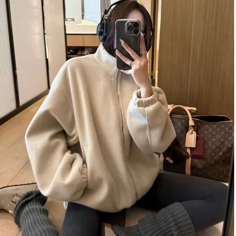 慵懒美高氛围感毛毛感宽松拉链立领棒球外套长袖女2025新款秋冬季