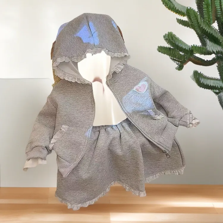 爱心甜美女童蕾丝拼接花边短裙外套可爱童装