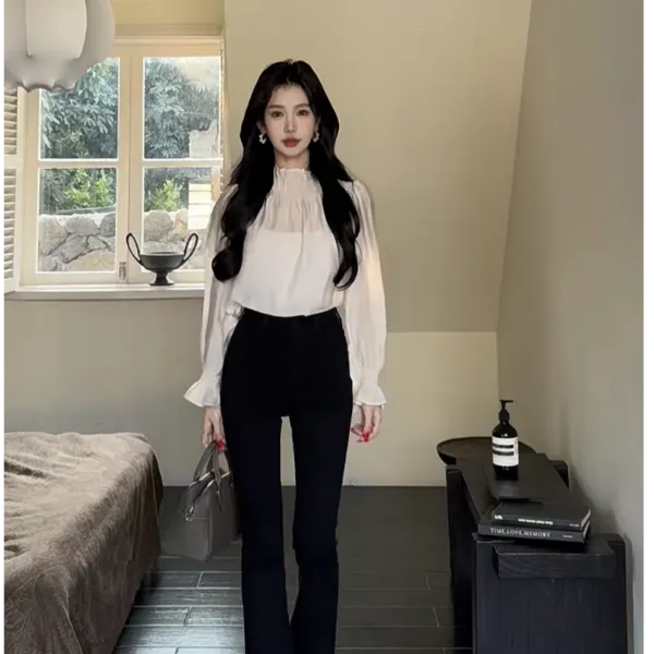 2025春季新款高级感宫廷风长袖花边衬衫立领衬衣女显瘦休闲阔腿裤