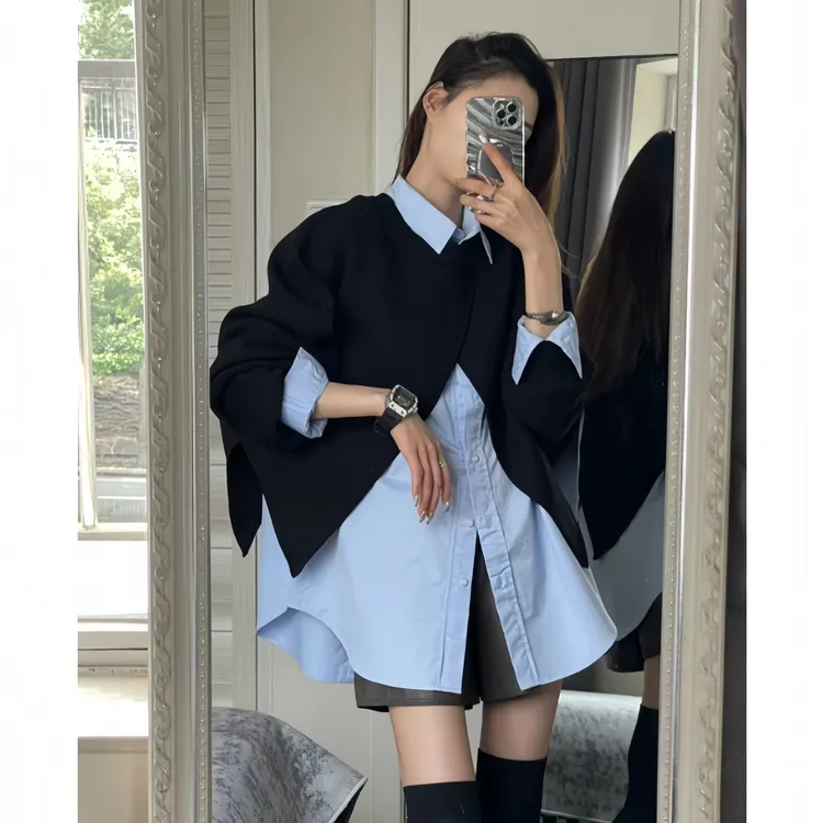 高智感宽松通勤百搭长袖上衣后背系扣设计感蓝衬衫+黑外搭两件套