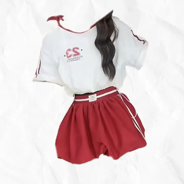 校园风减龄两件套气质露肩宽松上衣+红色花苞裙套装时尚洋气百搭