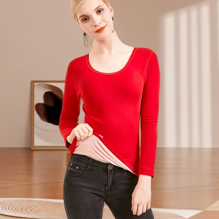 无品牌本命年红色保暖内衣女士无痕加绒抗菌秋冬德绒发热打底内穿