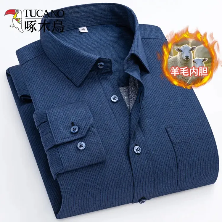 啄木鸟保暖衬衫男士秋冬季新款加棉加厚商务休闲免烫条纹衬衣男装