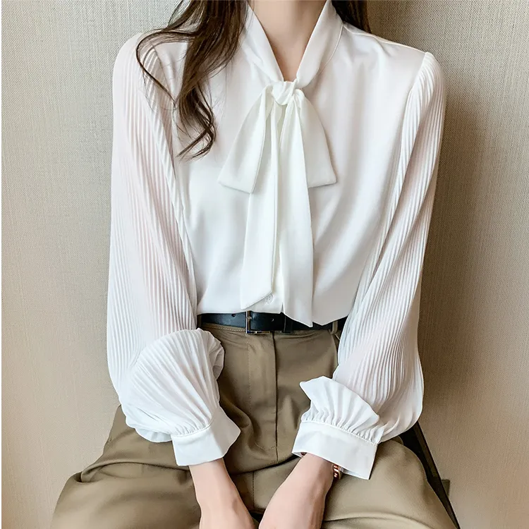 9158法式蝴蝶结白色衬衫女2025春季新款雪纺飘带领宽松长袖上衣