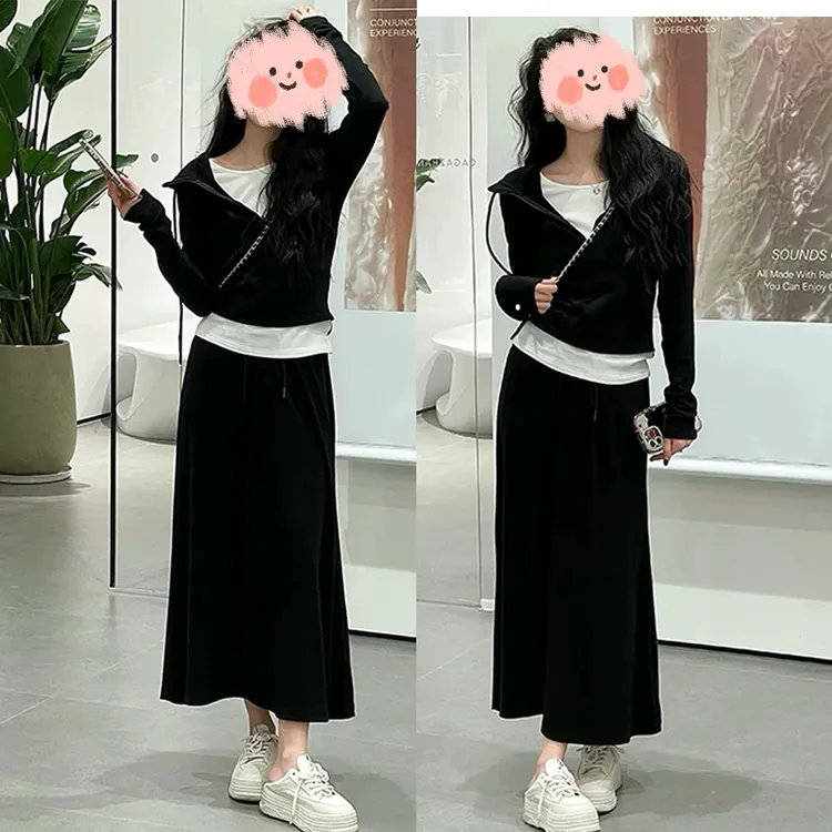  2025早春新款韩版时尚撞色收腰连帽卫衣高腰显瘦半身裙休闲套装