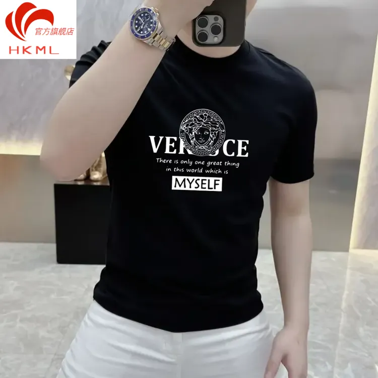 潮牌新款纯棉短袖T恤男士微修身休闲时尚半截袖圆领潮流印花上衣