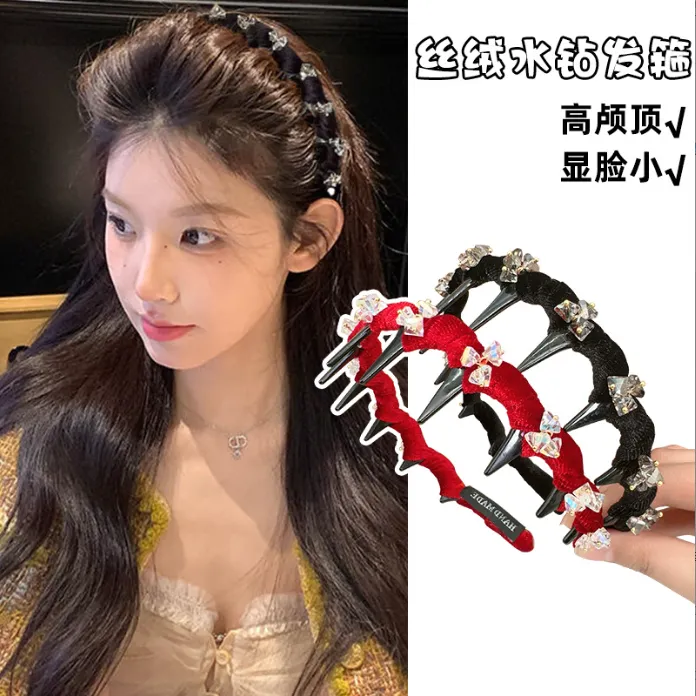 网红法式高颅丝绒带钻波浪发箍2025新款气质发箍带齿防滑时尚头箍