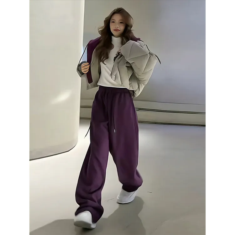 2025新款巨好看短款套装设计感紫色冬装棉服外套加绒休闲裤两件套